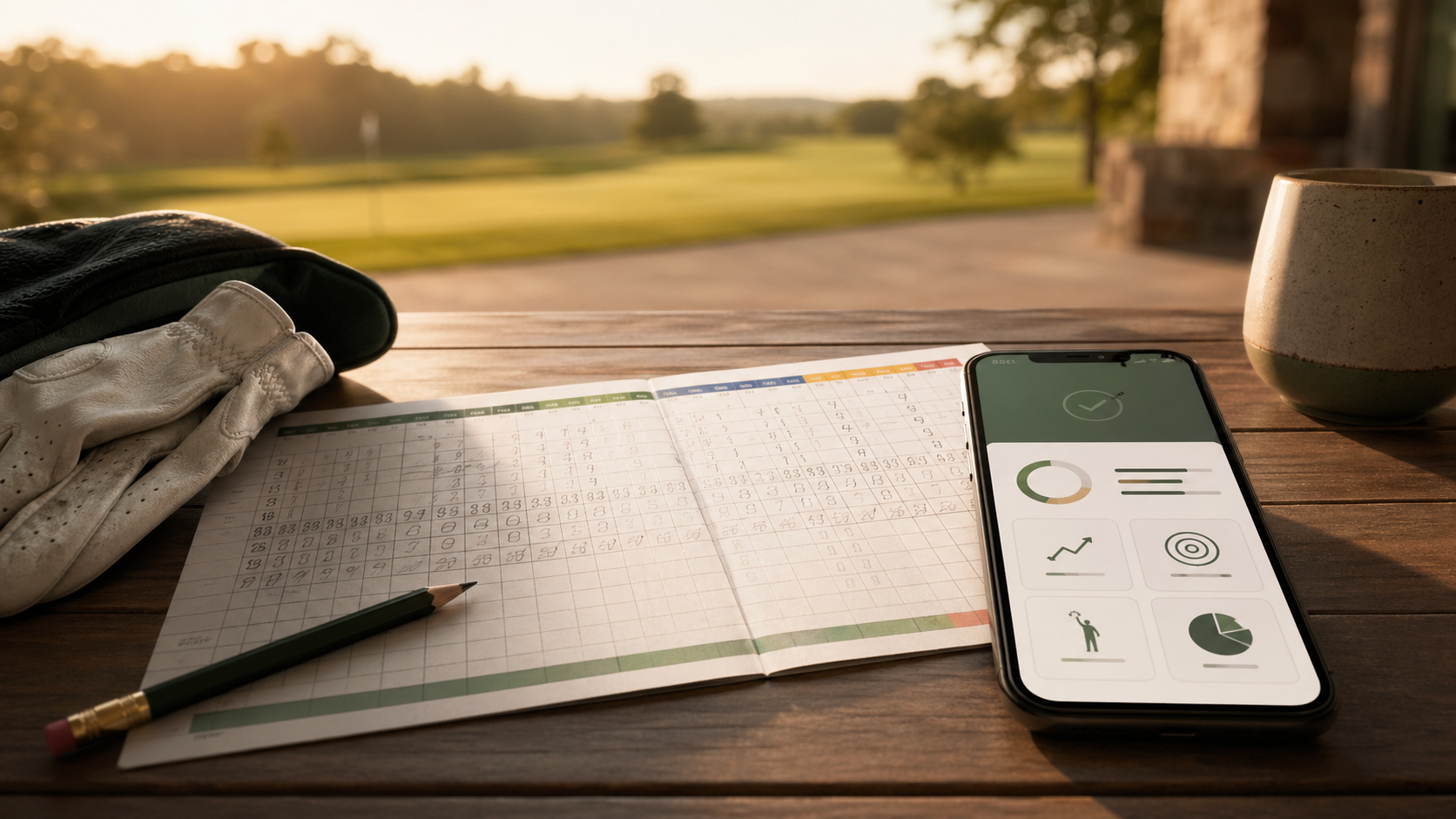 Physical golf scorecard beside a phone showing coaching insights